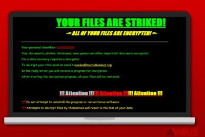 Képernyőkép a Striked zsarolóvírus üzenetéről